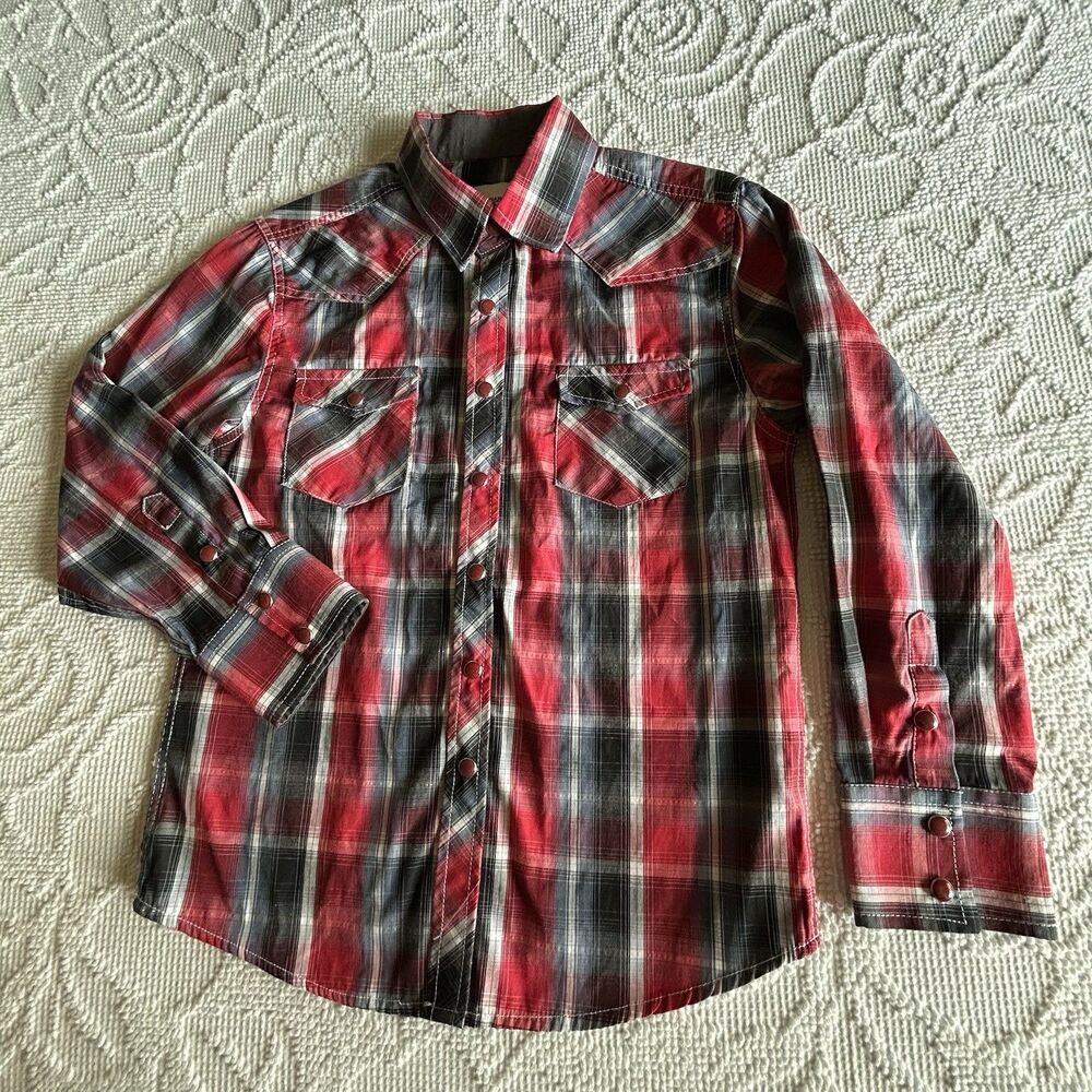 Ace of Diamond Boys Western Plaid Snap-Up Shirt Red Black Gray Sz 10 Cowboycore